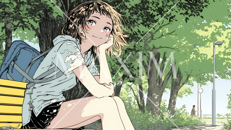 公園のベンチでひとり静かにくつろぐ若い女性