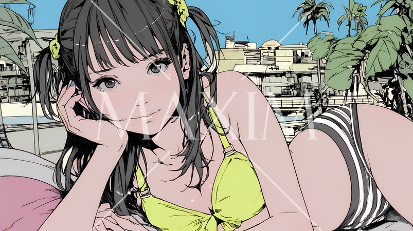 南国のビーチに寝そべるビキニ姿の若い女性