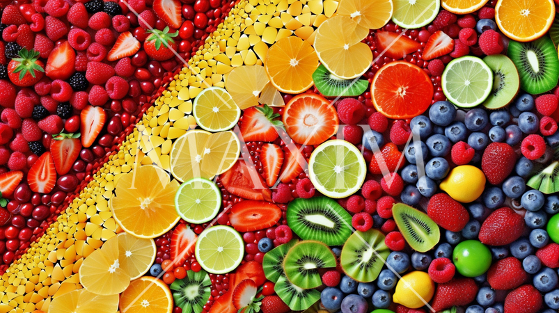 フルーツモザイクの背景: 色鮮やかなフルーツで作ったモザイク状配置が彩り豊か。