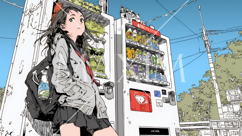 自動販売機で飲み物を購入する若い女性｜日常・ライフスタイル・屋外シーン