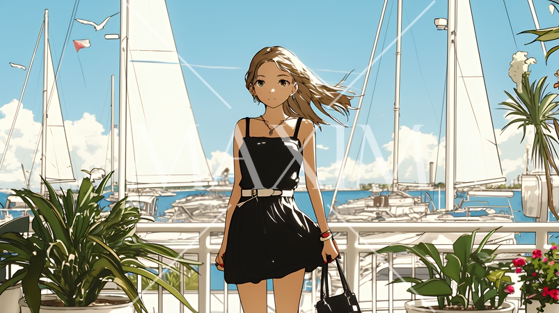 沖縄のヨットハーバーに立つ若い女性（シンプルな色使い）