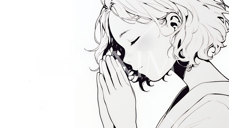 手を合わせてお祈りをしている和服姿の若い女性（シンプルな色使い）