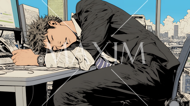疲れ切った様子でオフィスデスクでため息をついているビジネスマン