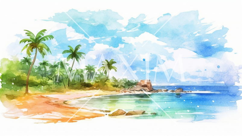 南の島の浜辺と空の背景イメージの水彩画
