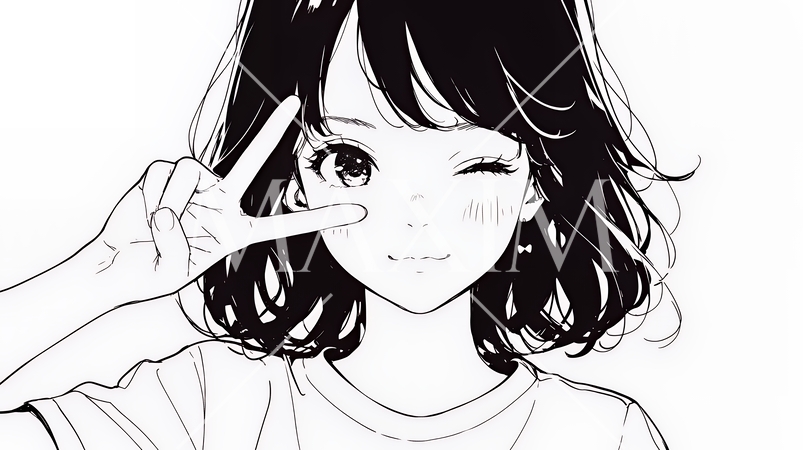 アイドルのように顔の横でピース＋ウィンクしている若い女性（シンプルな色使い）