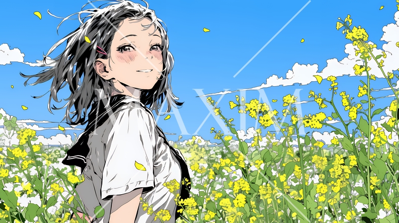 春風の中、菜の花畑にいる制服姿の女子高生