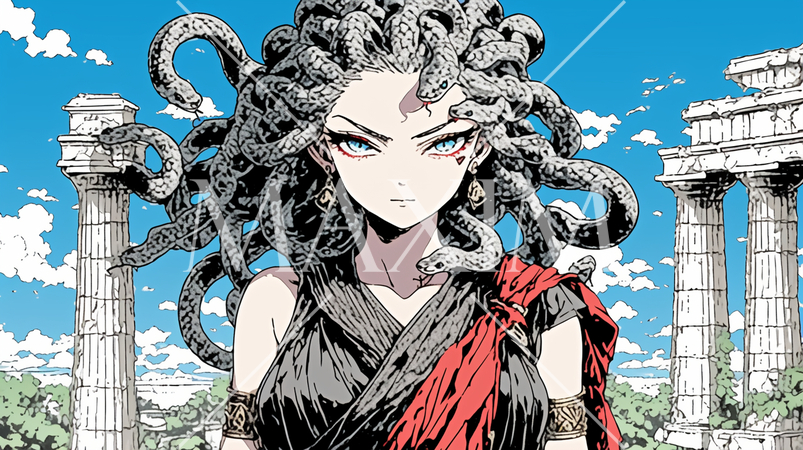 メデューサ：頭部がヘビでできているギリシャ神話に登場する怪物