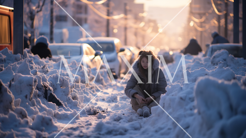 大雪で交通渋滞の大都市で雪の上に思わず座り込んでしまう女性