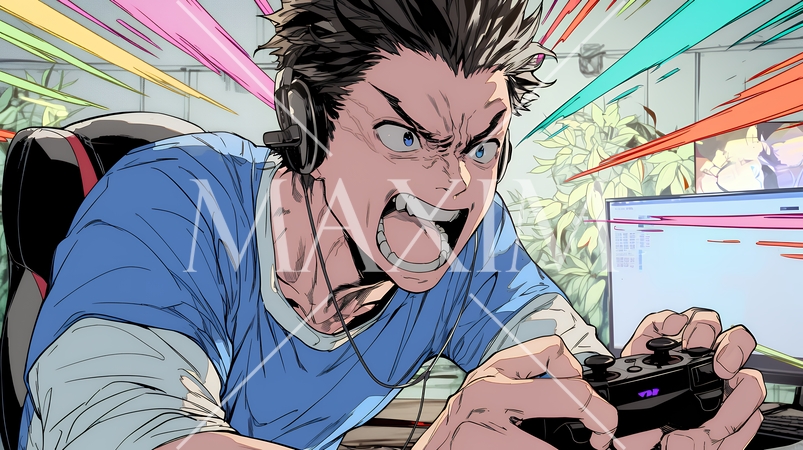 対戦型テレビゲームに没頭している若い男性