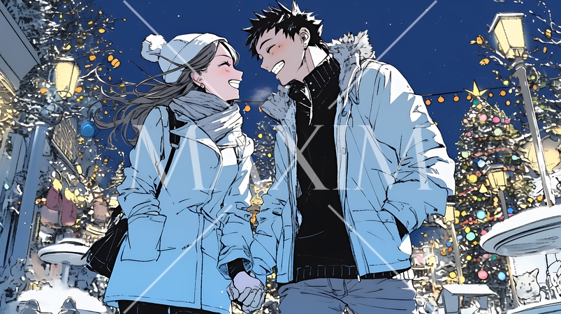 クリスマスのデートを楽しんでいる若いカップル