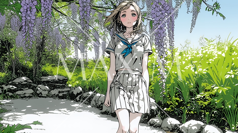 満開の藤の花の下を歩いている女子高生