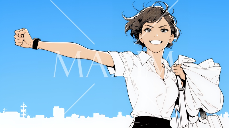 ガッツポーズ（拳を握って力強く）をしているビジネスウーマン（シンプルな色使い）