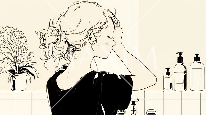 朝支度：洗面所で髪をまとめている若い女性（シンプルな色使い）