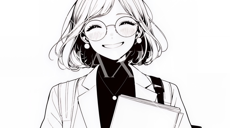 書類を確認するビジネスウーマン（シンプルな色使い）