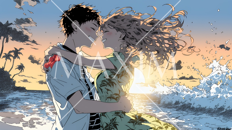 夕方の海辺でハグする（抱き合う）若い恋人たち