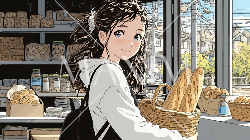 近所のパン屋で焼きたてパンを買う若い女性