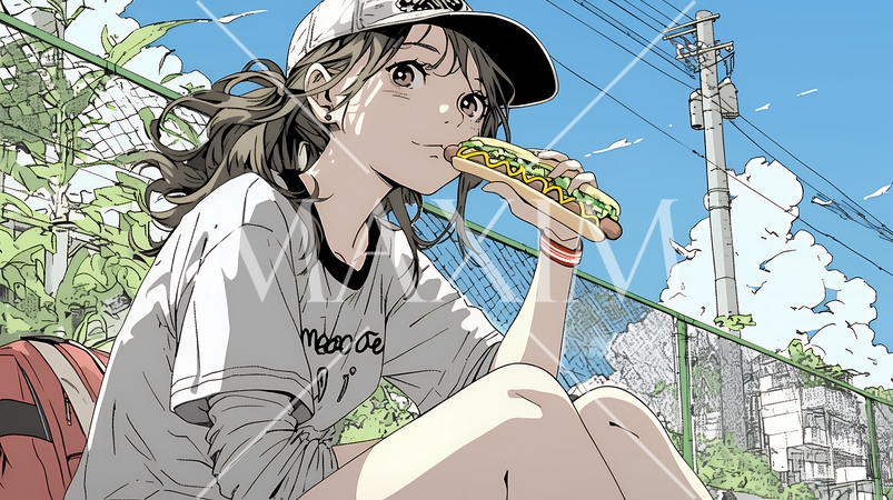 野球などの屋外スポーツを観戦しながら、ホットドッグを頬張る若い女性。