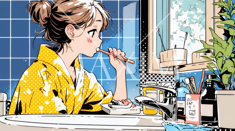 洗面所で朝の歯磨きをする若い女性