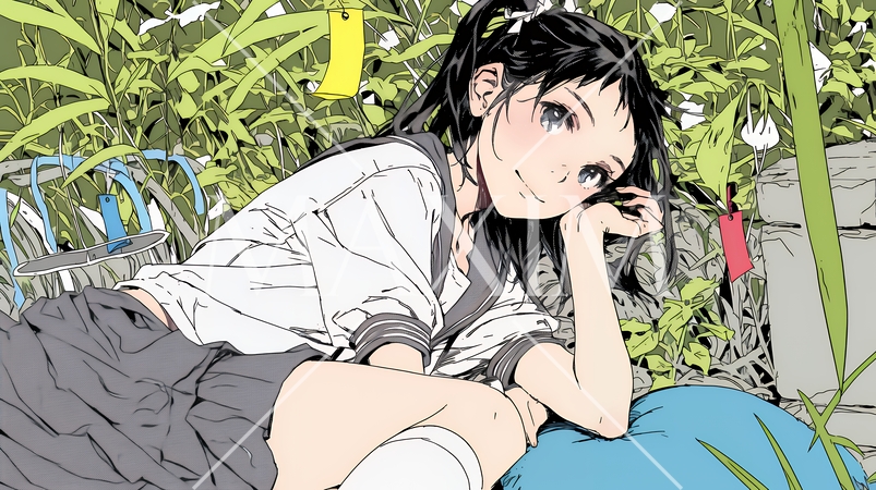 七夕飾りと制服を着た女子高生