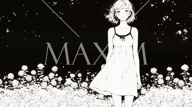 バラ園を散策している若い女性（シンプルな色使い）