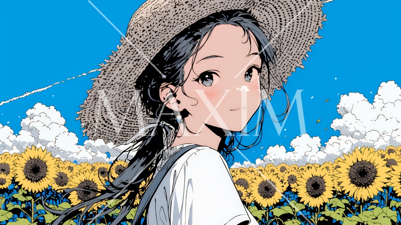 真夏の青空のもと、ヒマワリ畑を散策している若い女性