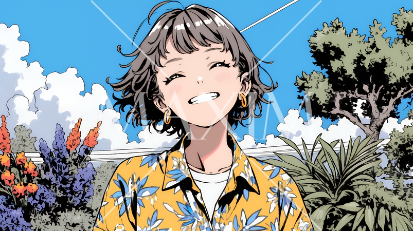 沖縄のかりゆしファッションを着て笑顔いっぱいの若い女性