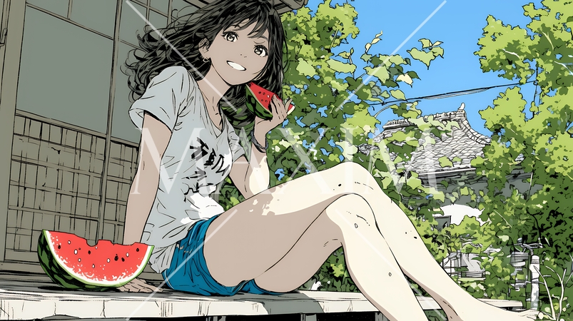 スイカを縁側で食べている若い女性