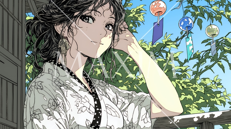 風鈴の音色を聞いている若い女性