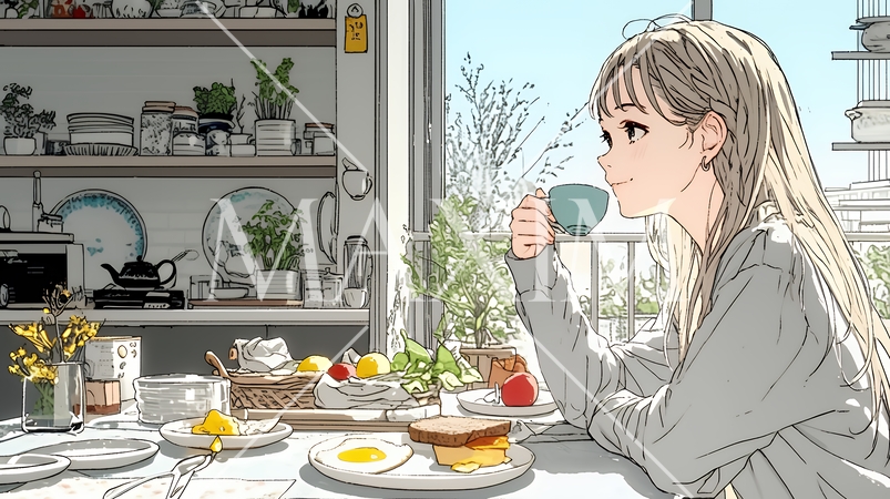 ゆったりした気分で朝食を一人で食べている若い女性