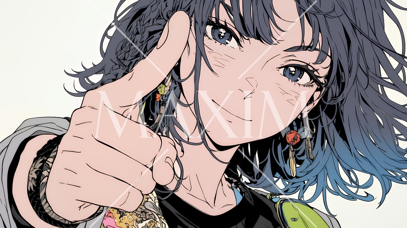 フィンガーガン（指でっぽう）を構えている若い女性