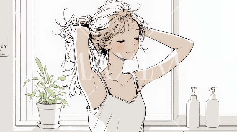 朝支度：洗面所で髪をまとめている若い女性（シンプルな色使い）