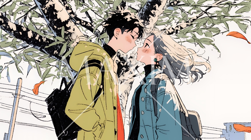 秋の紅葉の下でキスをしている若い恋人たち