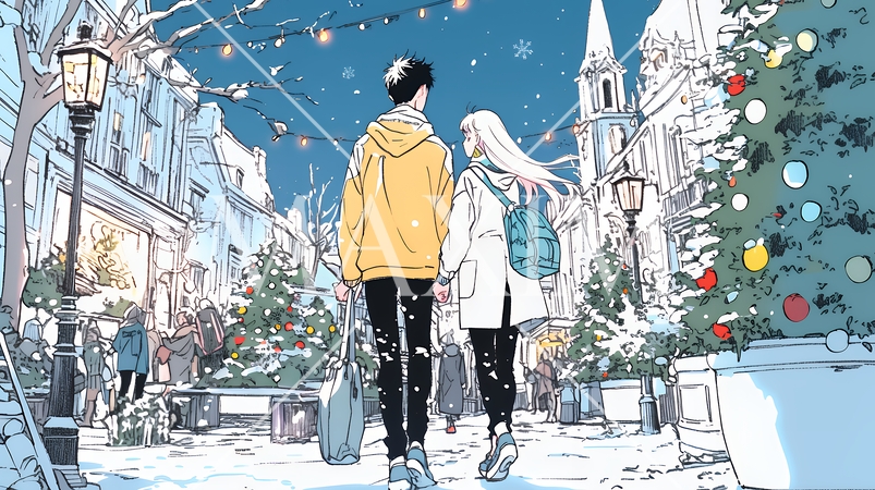 クリスマスイルミネーションの街でデートしているカップル