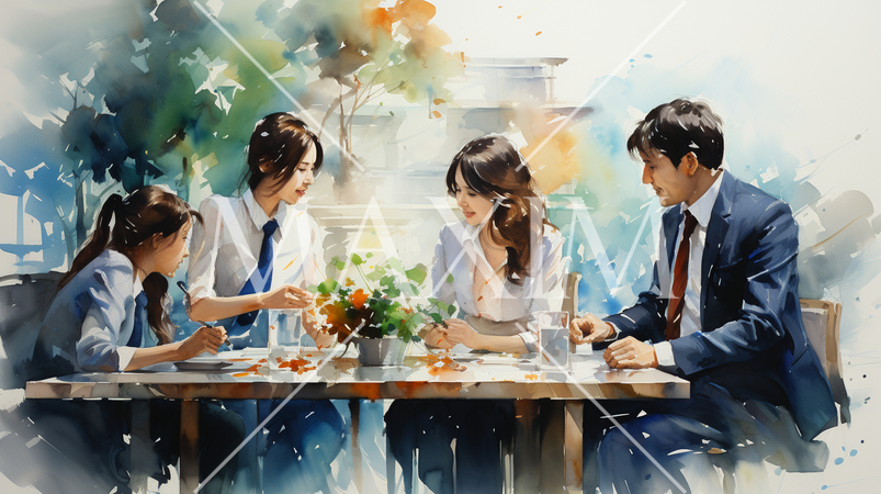 オフィス外で会議をしている女性と男性：水彩画