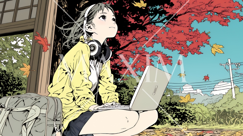 美しい紅葉の中でもPCを手放せない若い女性