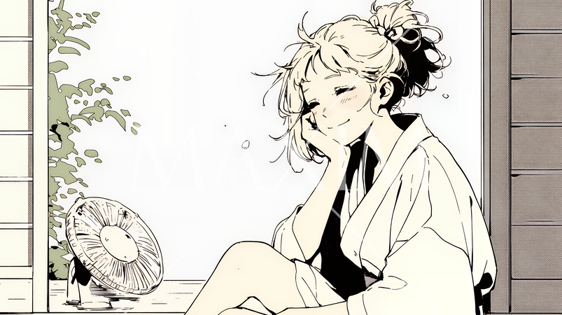 暑い夏の昼下がり、扇風機にあたって涼んでいる若い女性（シンプルな色使い）