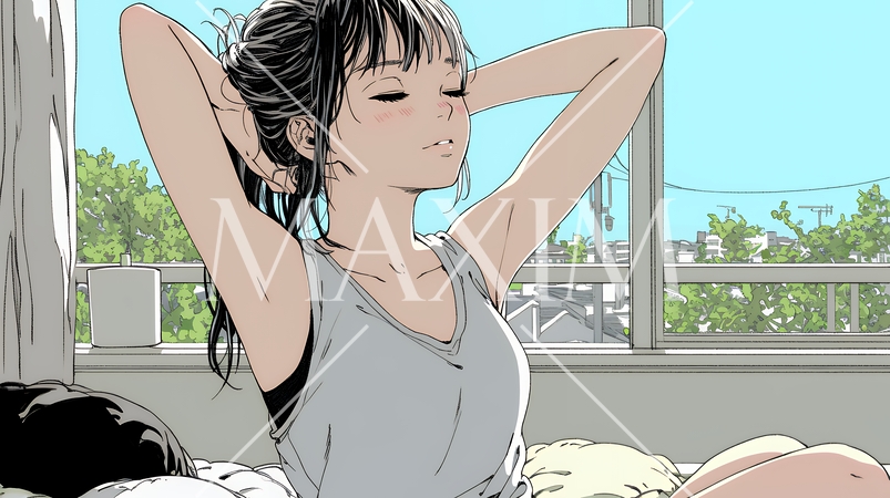 朝の目覚ましを止めて伸びをしている若い女性