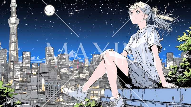 都市の夜景を眺めている女性