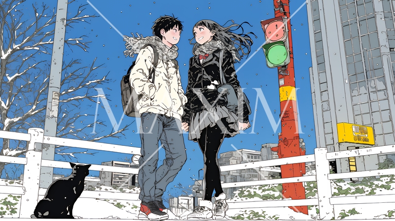 冬枯れ街をデートしている若い恋人たち