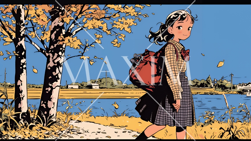 水辺の紅葉の小径を散策している若い女性