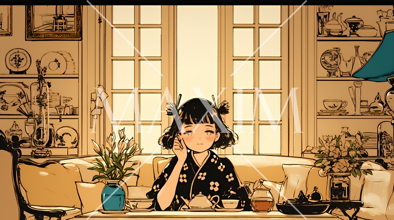 リビングで紅茶を飲んでいる女性（シンプルな色使い）