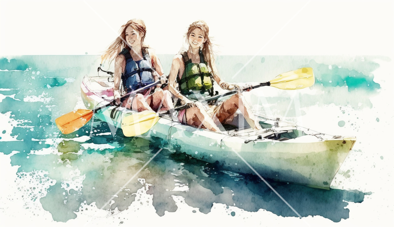 南国の島でカヤックを漕いでいる若い女友達たち