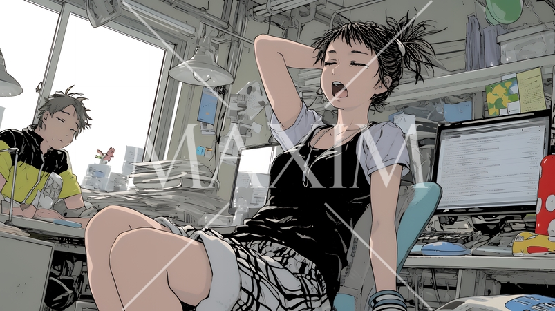 仕事中にあくびをしている若い女性