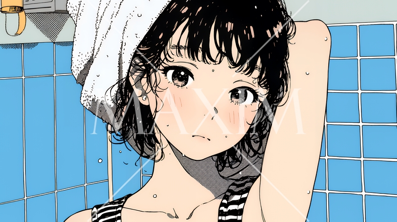 ヘアーシャワーの後の濡れ髪の若い女性