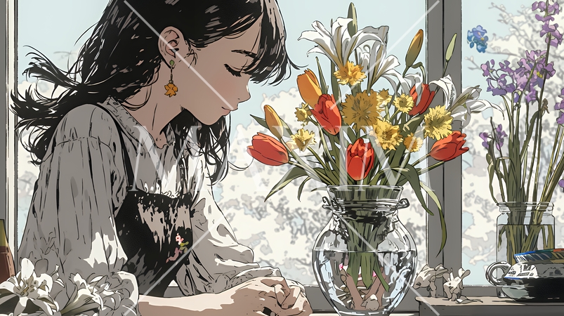 おもてなし（優しい心遣い）：来客のために花瓶に花を生ける若い女性