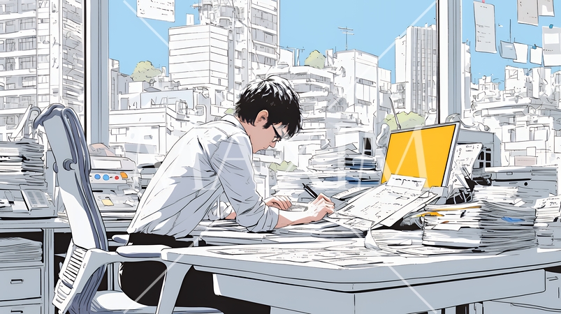 オフィスのデスクで、入念に書類をチェックする男性