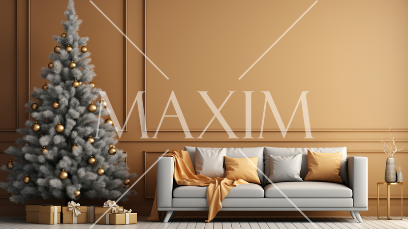 クリスマスツリー飾りのある黄色・金色基調の居間