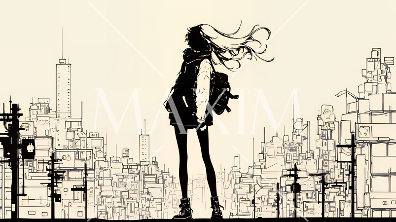 若い女性が佇む都市の街角（シンプルな色使い）