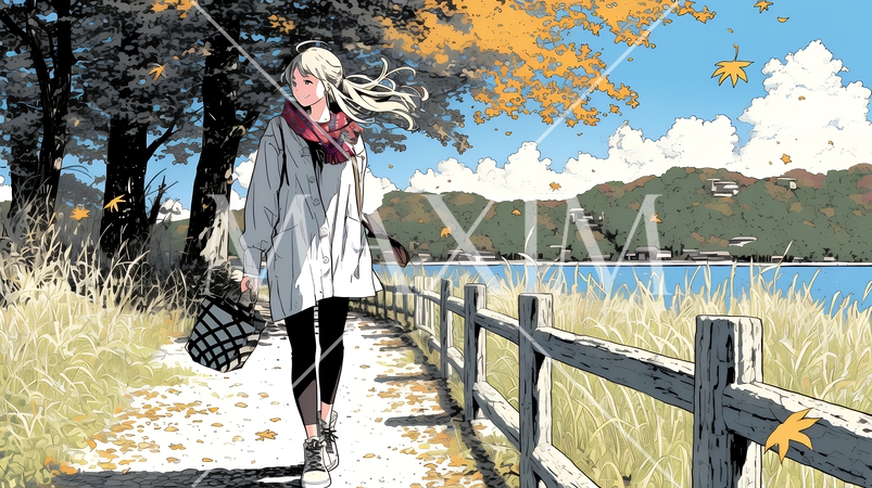 水辺の紅葉の小径を散策している若い女性