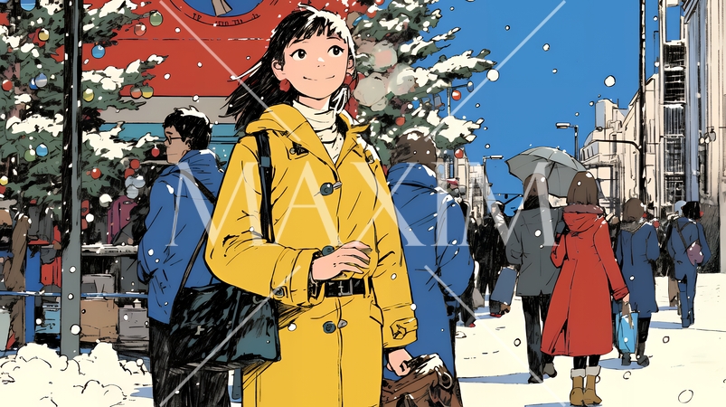 ホワイトクリスマスの街を歩く若い女性